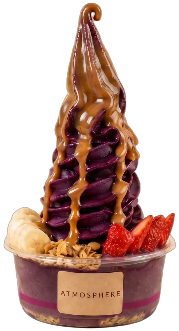 Açaí soft-serve swirl in an Atmosphere cup