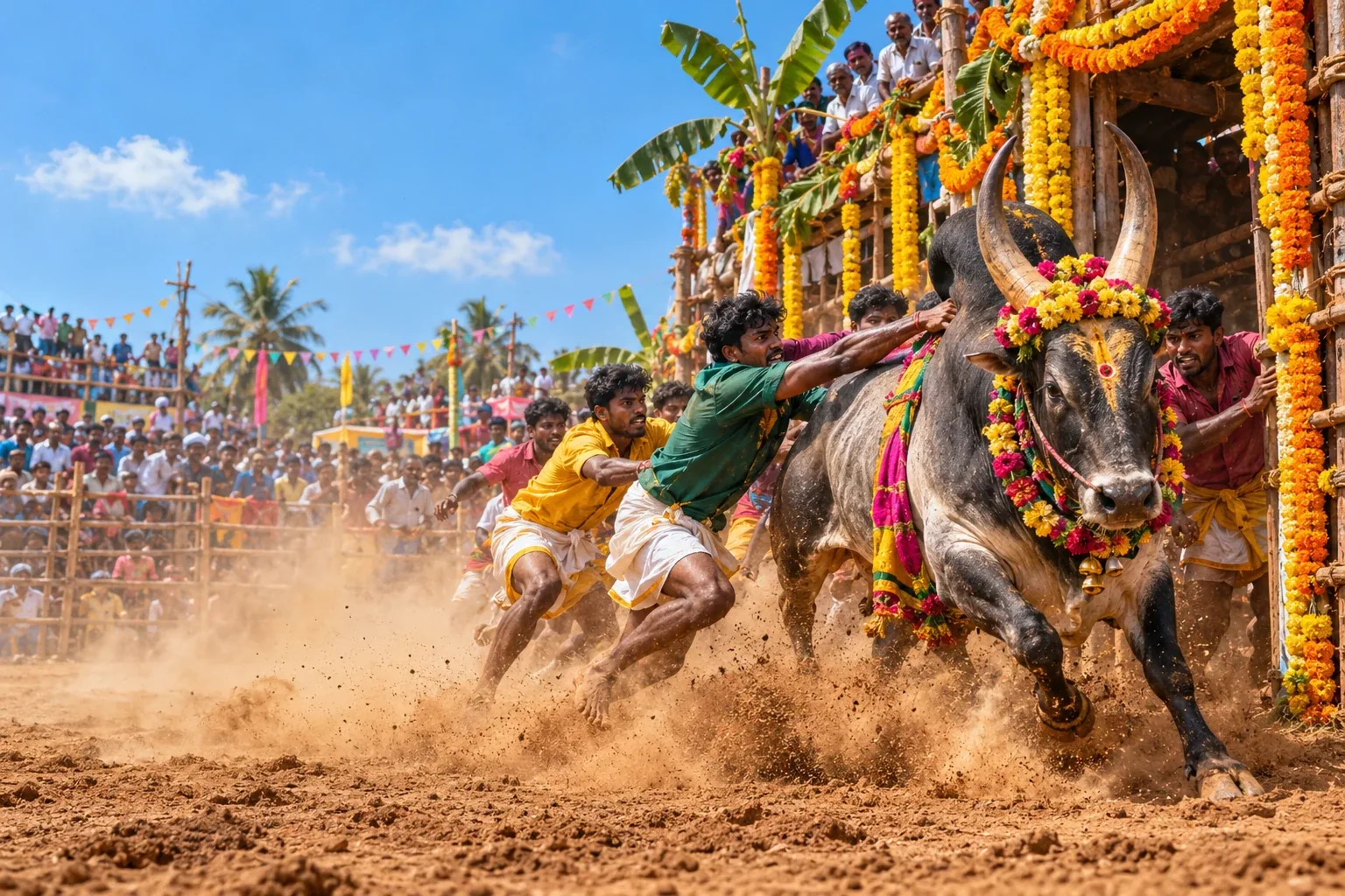 A garlanded bull charging out of the gate at a jallikattu, with young men reaching for its hump